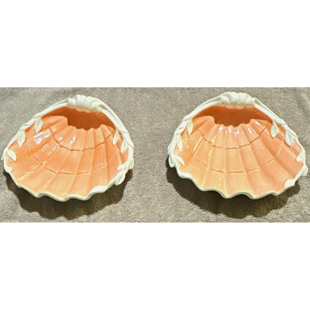 Vtg 1976 Fitz and Floyd Ceramic Seashell Bowls Pink White Clam Dishes Set of 2